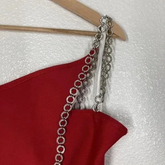 Revolve H’ours Aisha Red One-Shoulder Rhinestone strap cocktail Dress, size 4 - Picture 2 of 7